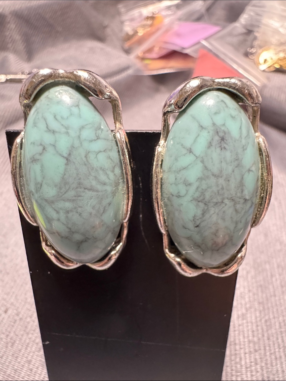 Source Unknown Faux Mint Turquoise Oval Clip-On Earrings